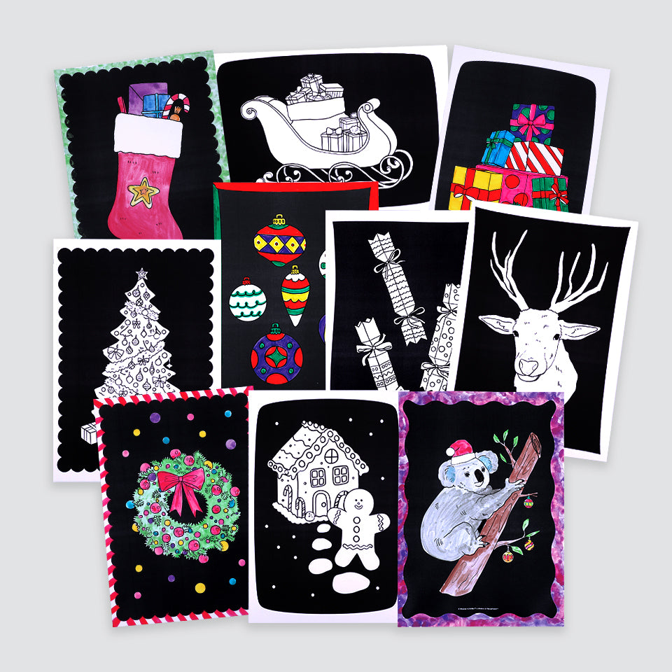 Black Background Colouring Sheets - Christmas - A4 - Pack of 10