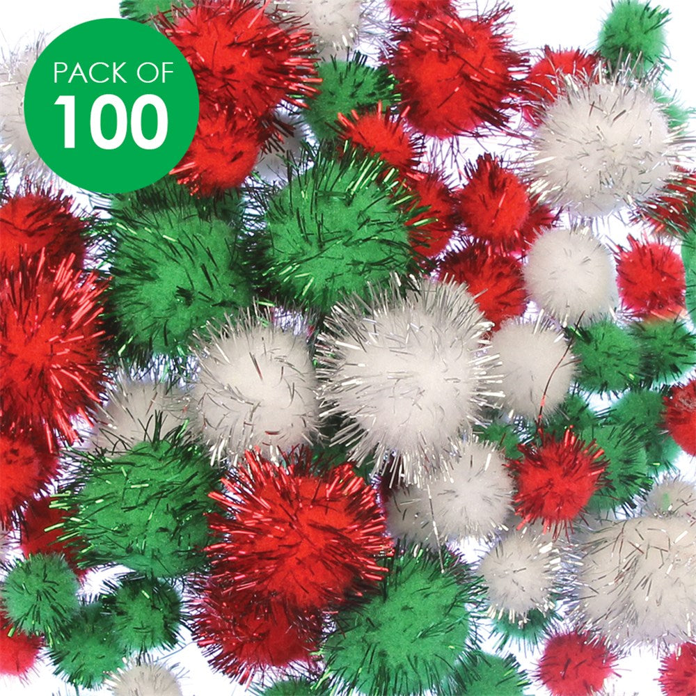 Christmas Pom Poms - Glitter - Pack of 100